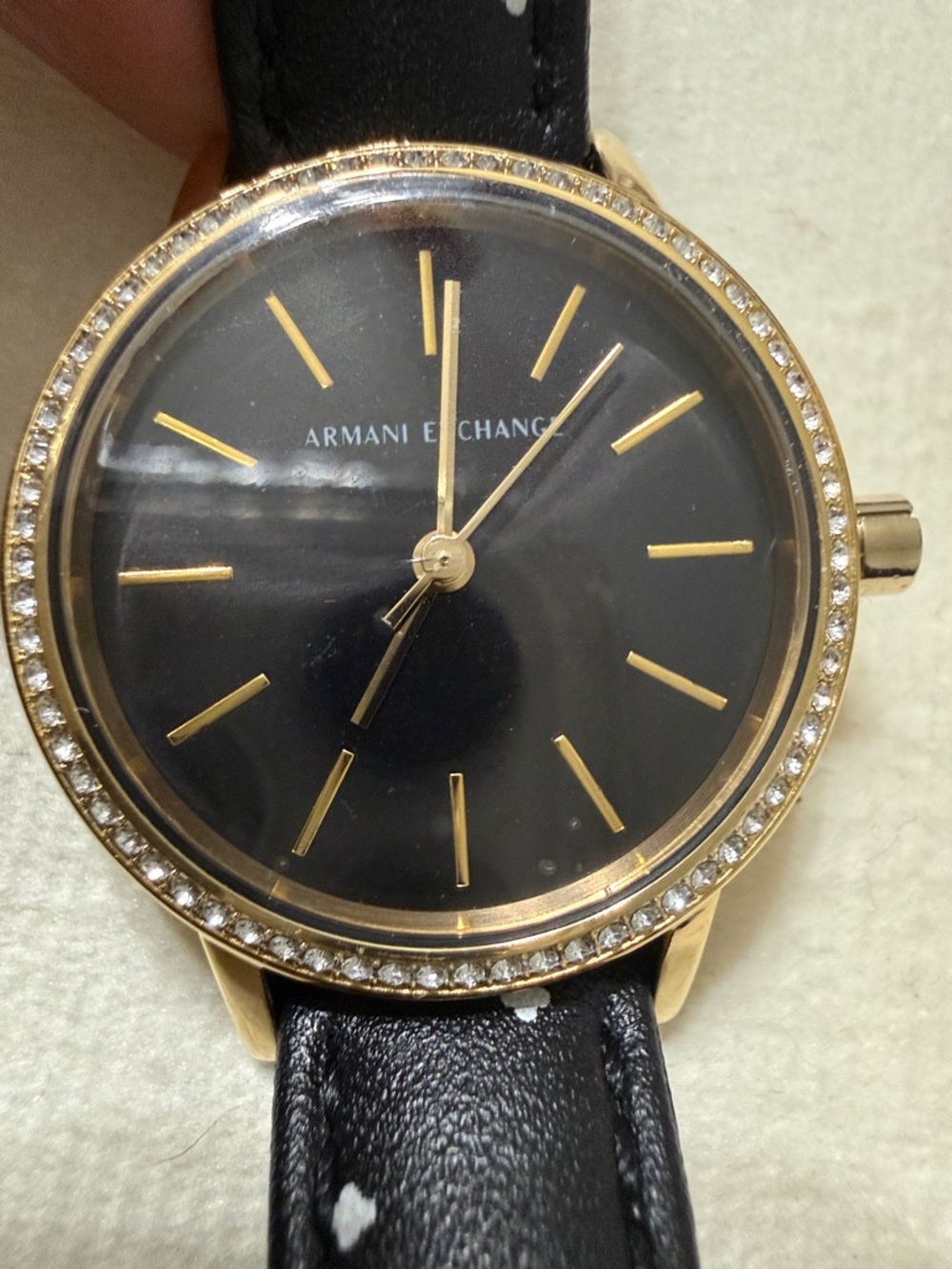 Armani Exchange Black Dial Gold-Tone Crystal Bezel Watch